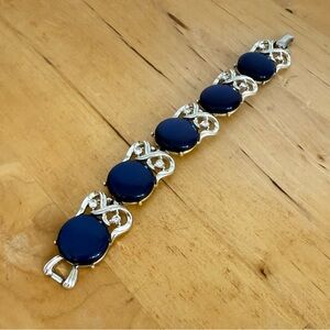 Vintage CORO Silvertone Blue Thermoset Lucite Rhinestones Panel Link Bracelet